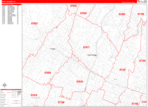 East Orange City Wall Map Red Line Style